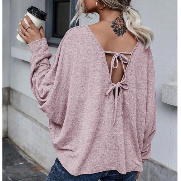 Rouge! Tops - Pink Long Sleeve Tee Shirt V Cut Back Tie Back Long Sleeve Oversized